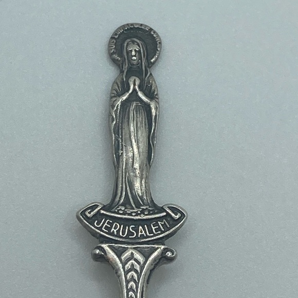 Vtg Silver Jerusalem Souvenir Spoon w Mary Figure on Handle Tip - 4.8” - Picture 2 of 5